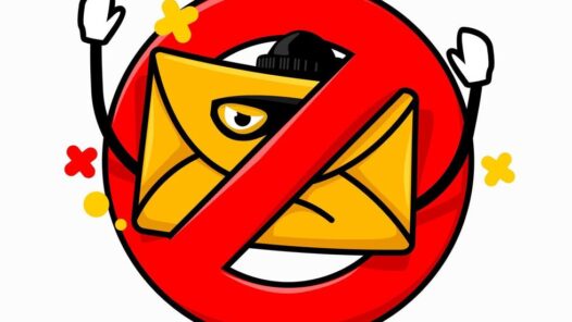 Blocked email concept isolated cute mail cartoon bad guy face inside red crossed circle illustration vector
