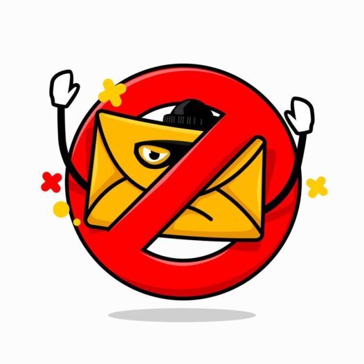 Blocked email concept isolated cute mail cartoon bad guy face inside red crossed circle illustration vector