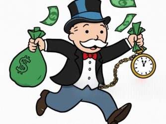 Stock photo original monopoly man cartoon sprinting fast with a small green bag of money with dollar bills