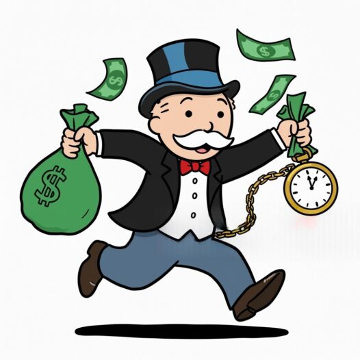 Stock photo original monopoly man cartoon sprinting fast with a small green bag of money with dollar bills