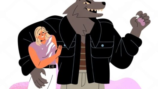 Stock vector abuse from partner in toxic unhealthy relationships violent dangerous person in wolf mask