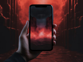 Hand holding smartphone with abstract wallpaper coming out screen