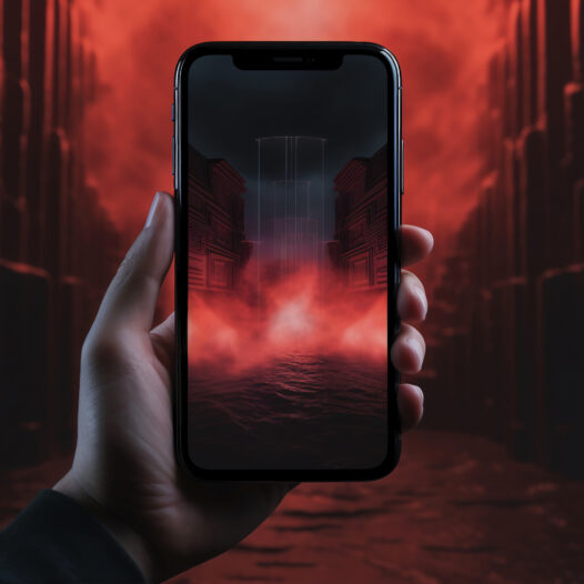 Hand holding smartphone with abstract wallpaper coming out screen
