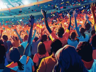 Illustration depicts crowd excited fans cheering topaz stadium event illustrate crowd enthusiastic fans cheering their favorite teams packed stadium 538213