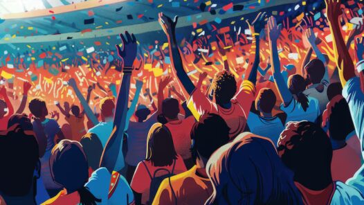 Illustration depicts crowd excited fans cheering topaz stadium event illustrate crowd enthusiastic fans cheering their favorite teams packed stadium 538213