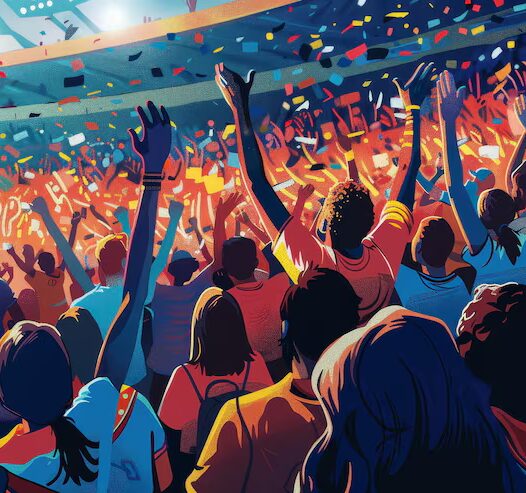 Illustration depicts crowd excited fans cheering topaz stadium event illustrate crowd enthusiastic fans cheering their favorite teams packed stadium 538213
