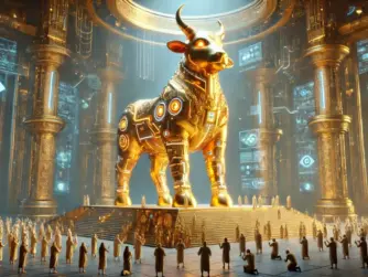 DALL·E 2024 12 02 19.38.20 A majestic depiction of the golden calf from the Book of Exodus prominently featuring advanced AI and hi tech elements. The massive golden calf stand 1024x585