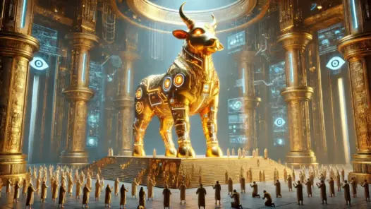 DALL·E 2024 12 02 19.38.20 A majestic depiction of the golden calf from the Book of Exodus prominently featuring advanced AI and hi tech elements. The massive golden calf stand 1024x585