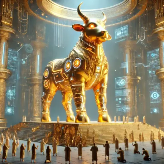 DALL·E 2024 12 02 19.38.20 A majestic depiction of the golden calf from the Book of Exodus prominently featuring advanced AI and hi tech elements. The massive golden calf stand 1024x585
